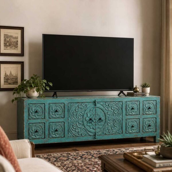 Shevora handcarved solid wood TV unit in distressed turquoise finish