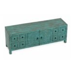 Shevora handcarved solid wood TV unit in distressed turquoise finish