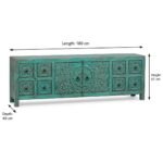 Shevora handcarved solid wood TV unit in distressed turquoise finish