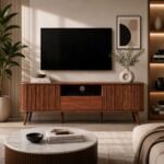 Tivaro Sheesham wood TV cabinet handcrafted solid wood modern TV unit with storage and fluted design.