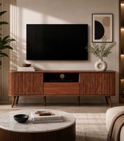Tivaro Sheesham wood TV cabinet handcrafted solid wood modern TV unit with storage and fluted design.