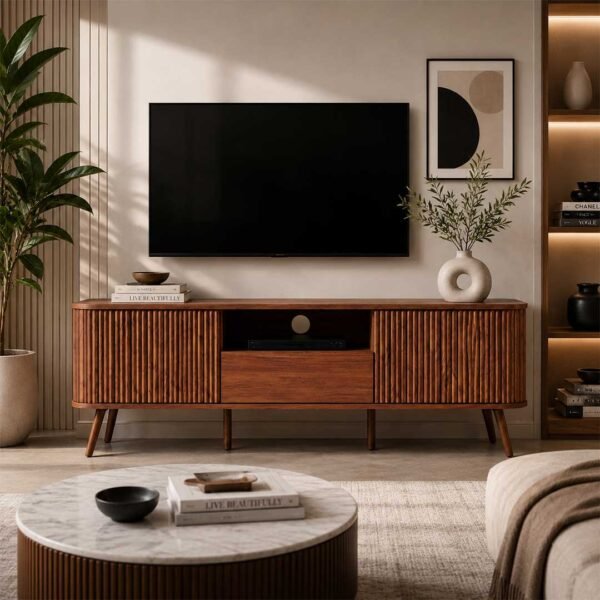 Tivaro Sheesham wood TV cabinet handcrafted solid wood modern TV unit with storage and fluted design.
