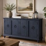 Velwood mango wood TV console handcrafted solid wood TV cabinet with rustic blue finish and storage.