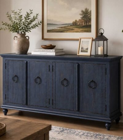 Velwood mango wood TV console handcrafted solid wood TV cabinet with rustic blue finish and storage.