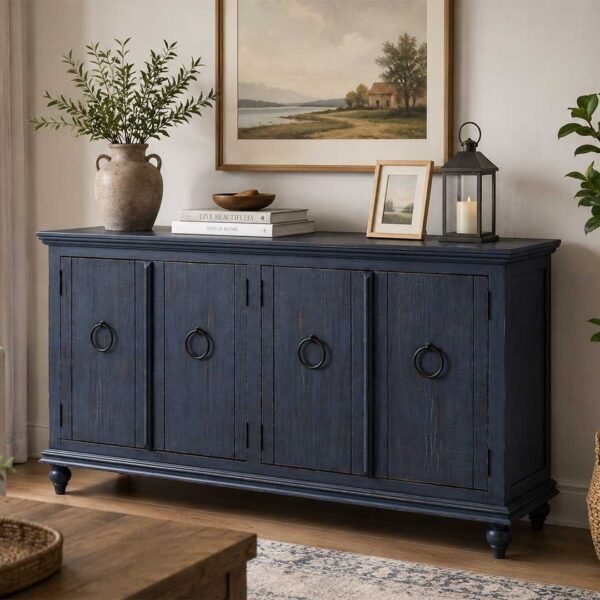 Velwood mango wood TV console handcrafted solid wood TV cabinet with rustic blue finish and storage.