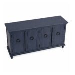Velwood mango wood TV console handcrafted solid wood TV cabinet with rustic blue finish and storage.