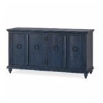 Velwood mango wood TV console handcrafted solid wood TV cabinet with rustic blue finish and storage.