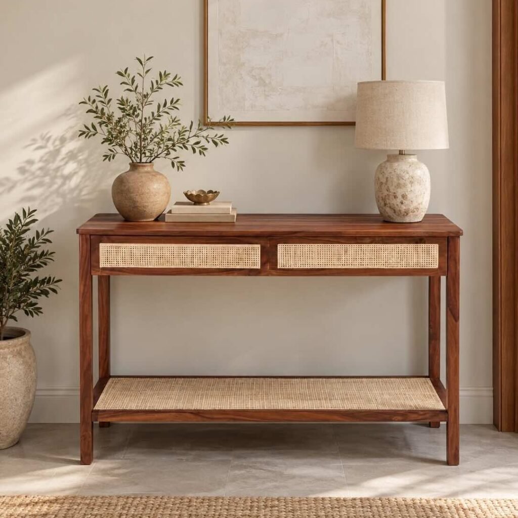 Sheesham Wood Console Table with 2 rattan drawers and woven lower shelf in brown finish.