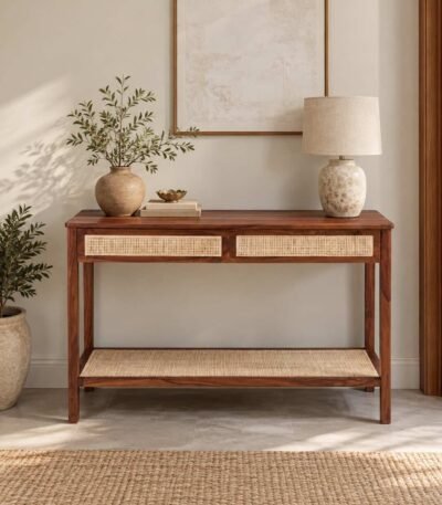 Sheesham Wood Console Table with 2 rattan drawers and woven lower shelf in brown finish.