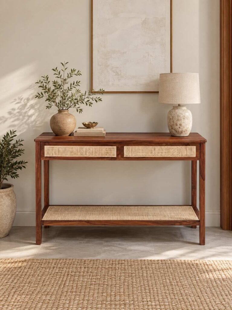 Sheesham Wood Console Table with 2 rattan drawers and woven lower shelf in brown finish.