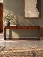 Solid Wood Console Table with 3 drawers, rounded rectangular frame and open lower shelf in walnut brown finish.