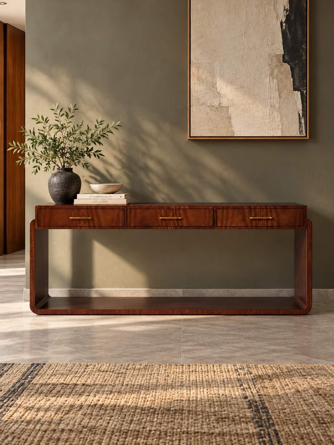 Duncrest Solid Wood Console Table with 3 Drawers in Walnut Brown Finish Solid Wood Console Table with 3 drawers, rounded rectangular frame and open lower shelf in walnut brown finish.