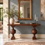 Solid Wood Console Table with classical turned pedestal legs and rectangular tabletop in dark brown finish.