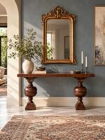 Solid Wood Console Table with classical turned pedestal legs and rectangular tabletop in dark brown finish.