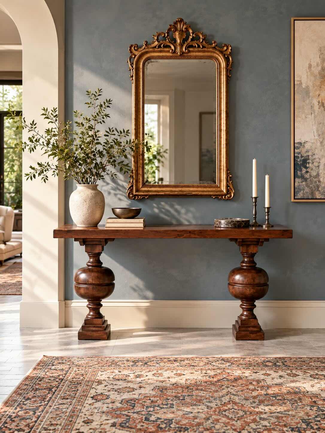Aldwyck Solid Wood Console Table with Classical Turned Pedestal Legs in Dark Brown Finish Solid Wood Console Table with classical turned pedestal legs and rectangular tabletop in dark brown finish.