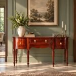 Teakwood Study Table with 4 drawers, classic bow-front design and decorative turned legs in honey finish.