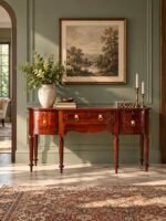 Teakwood Study Table with 4 drawers, classic bow-front design and decorative turned legs in honey finish.