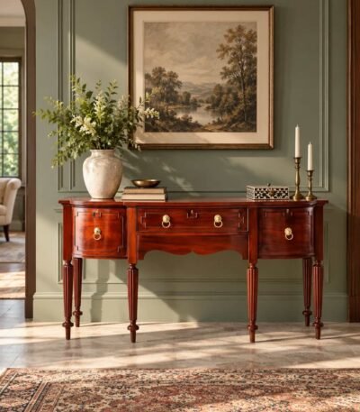 Teakwood Study Table with 4 drawers, classic bow-front design and decorative turned legs in honey finish.
