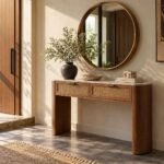 Oak Wood Console Table with Emperador marble top and rattan drawers in brown finish.