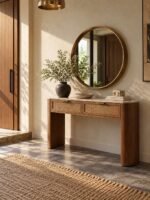 Oak Wood Console Table with Emperador marble top and rattan drawers in brown finish.