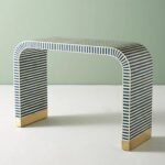 Azulith | Handcrafted Hardwood Bone Inlay Console Table with Navy Blue & Ivory Stripes, Curved Waterfall Design and Gold Accents – Wooden Slice - Image 2