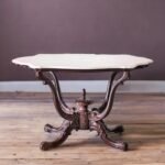 Victorian Crest | Solid Rosewood Oval Dining Table with White Marble Top, Ornately Carved Pedestal & Cabriole Legs in Natural Dark Wood Finish – Wooden Slice - Image 2