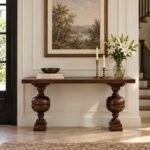 Solid Wood Console Table with turned baluster legs in brown finish.