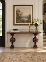 Solid Wood Console Table with turned baluster legs in brown finish.
