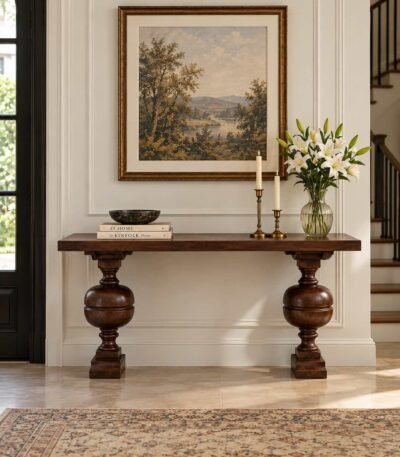 Solid Wood Console Table with turned baluster legs in brown finish.