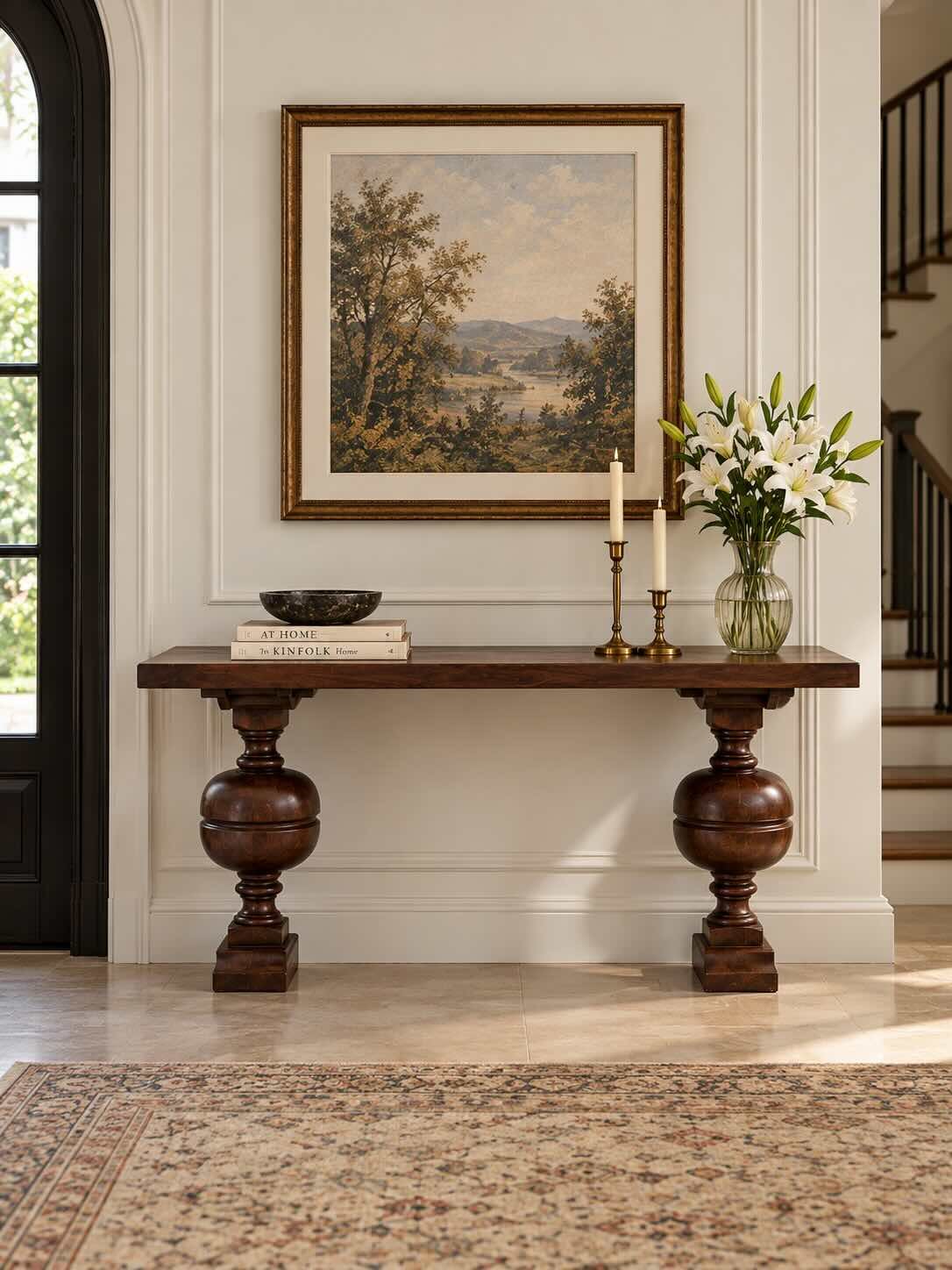 Dovaryn Solid Wood Console Table with Turned Baluster Legs in Brown Finish Solid Wood Console Table with turned baluster legs in brown finish.