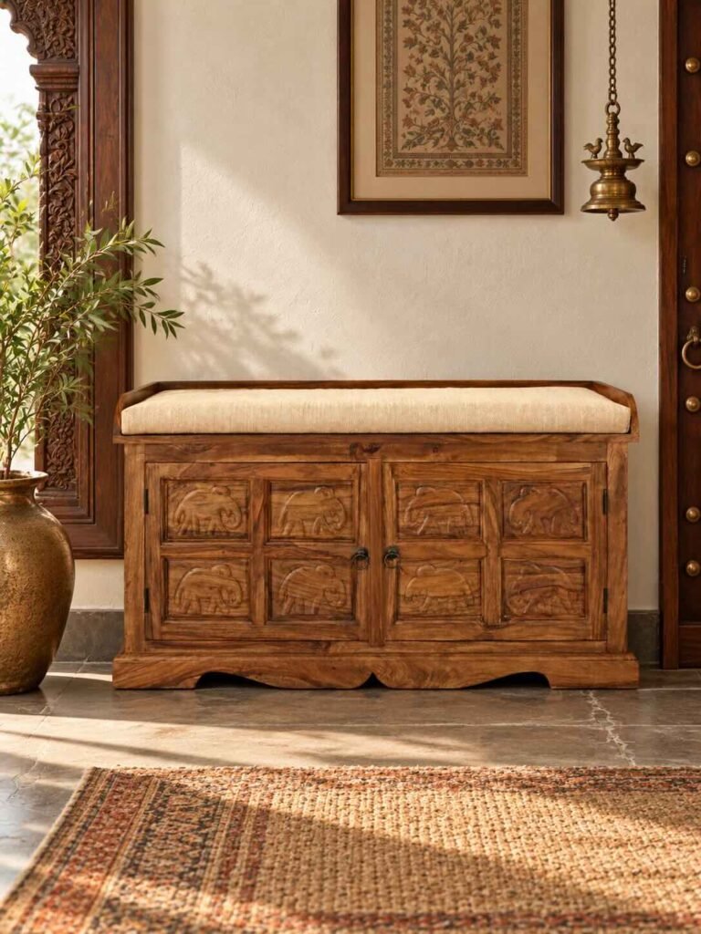 Sheesham Wood Storage Bench with elephant-carved wooden doors, hidden shoe storage and beige cushioned seat in honey finish.