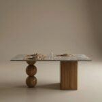 Marmora | Solid Wood 6 Seater Dining Table with Marble Top & Sculptural Ball Pedestal in Natural Brown Finish – Wooden Slice - Image 2