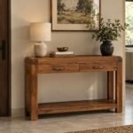 Acacia Wood Console Table with two drawers and open shelf in natural finish.