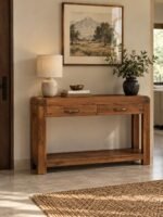Acacia Wood Console Table with two drawers and open shelf in natural finish.