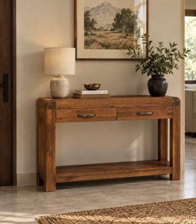 Acacia Wood Console Table with two drawers and open shelf in natural finish.
