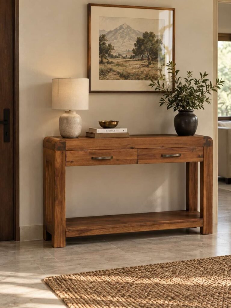 Acacia Wood Console Table with two drawers and open shelf in natural finish.