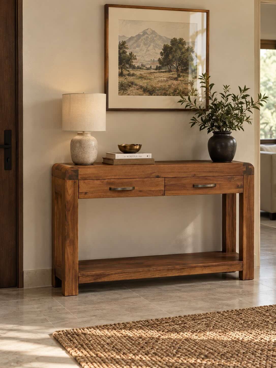 Corvane Acacia Wood Console Table with 2 Drawers and Open Shelf Acacia Wood Console Table with two drawers and open shelf in natural finish.