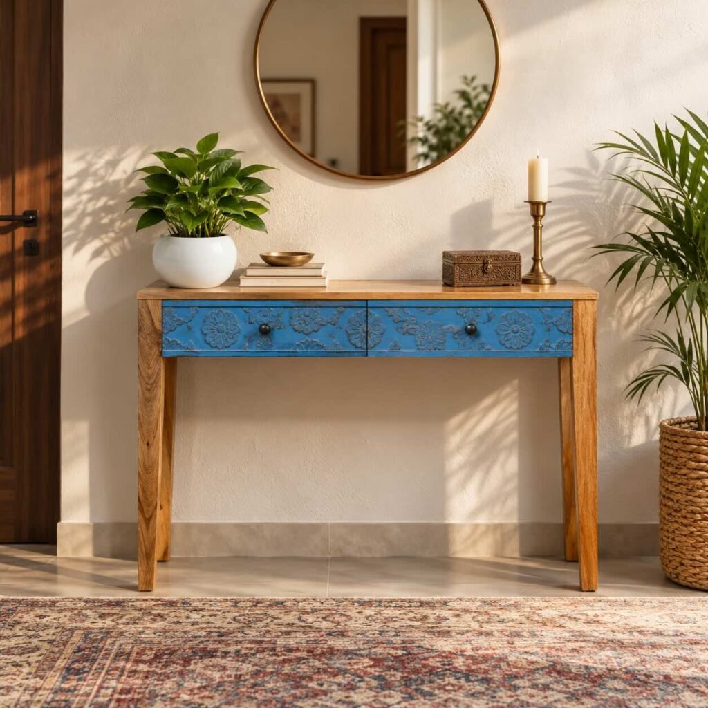 Hand Carved Mango Wood Console Table with two distressed blue floral drawers, natural wooden tabletop and straight wooden legs.