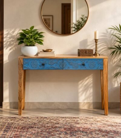 Hand Carved Mango Wood Console Table with two distressed blue floral drawers, natural wooden tabletop and straight wooden legs.