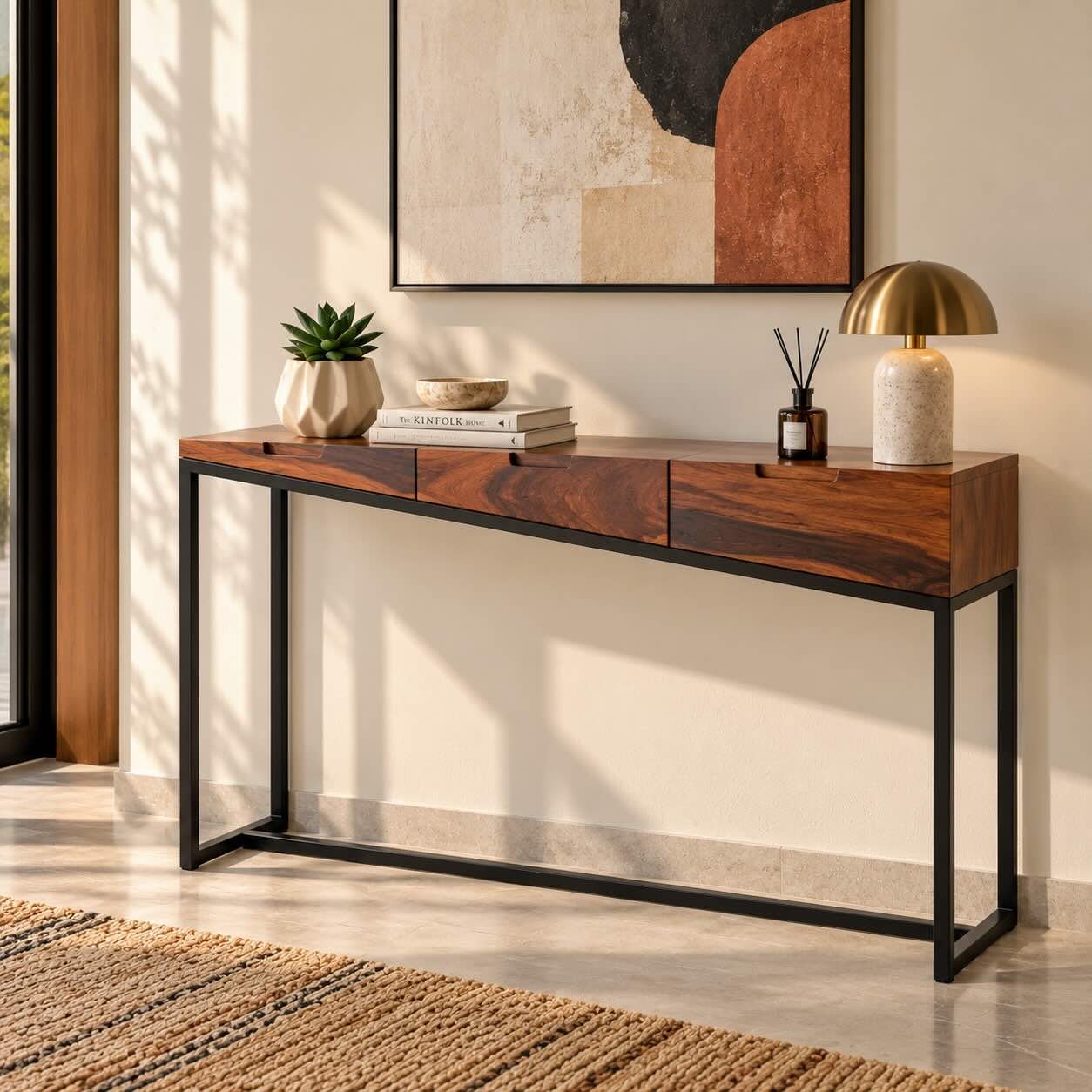 Zorvesta Sheesham Wood Console Table with Three Drawers and Black Iron Frame Sheesham Wood Console Table with three walnut brown wooden drawers, recessed handles and slim black iron legs.