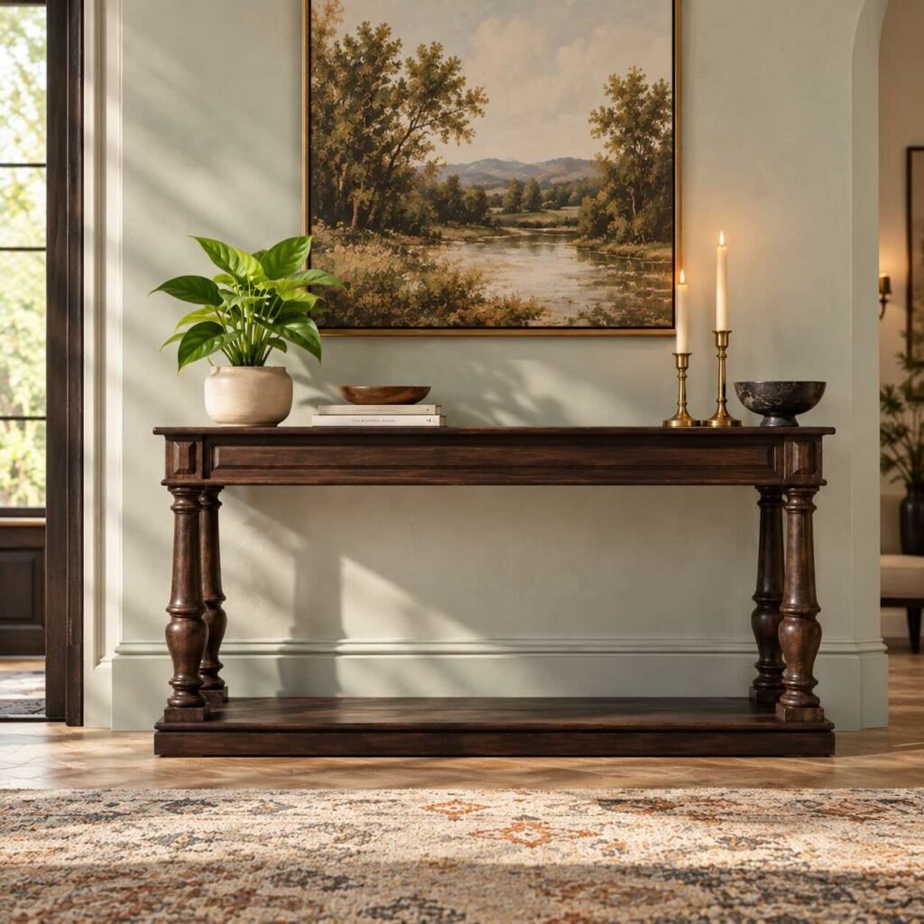 Sheesham Wood Console Table with traditional turned pillar legs, open lower wooden shelf and dark walnut finish.