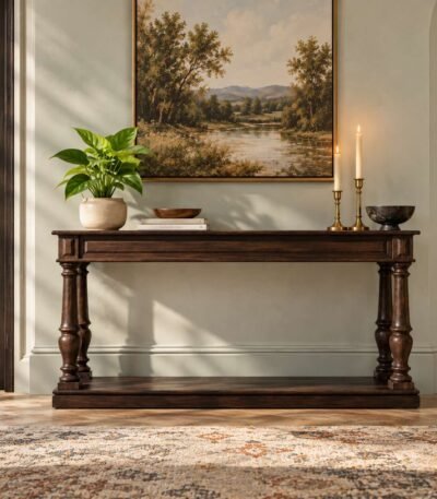 Sheesham Wood Console Table with traditional turned pillar legs, open lower wooden shelf and dark walnut finish.