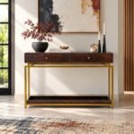 Sheesham Wood Console Table with two walnut brown drawers, gold powder-coated iron legs and open lower shelf.