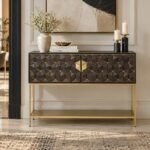 Mango Wood Bar Console Cabinet with geometric diamond front, gold-toned metal frame and lower shelf in walnut and gold finish.