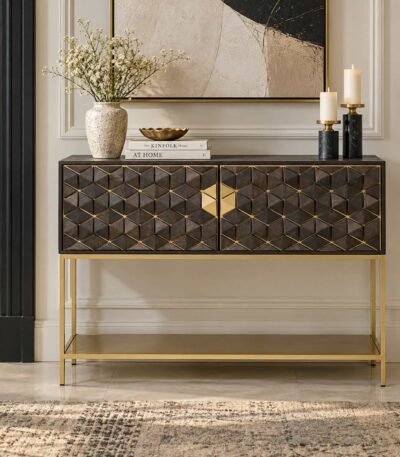 Mango Wood Bar Console Cabinet with geometric diamond front, gold-toned metal frame and lower shelf in walnut and gold finish.