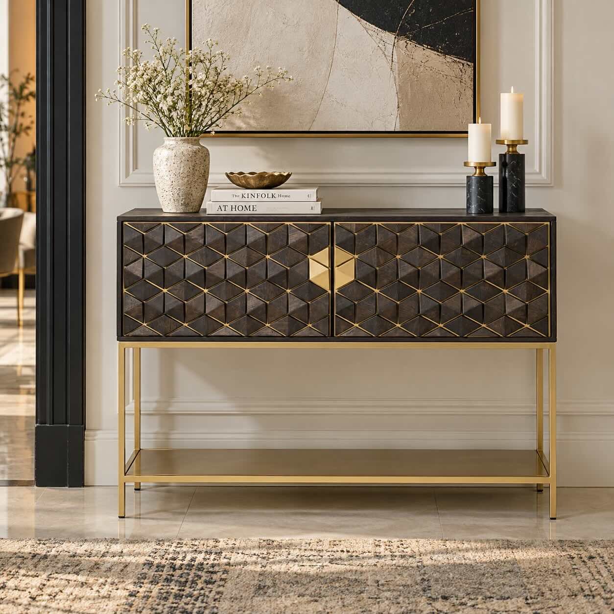 Aurexion Mango Wood Bar Console Cabinet with Geometric Front in Walnut and Gold Finish Mango Wood Bar Console Cabinet with geometric diamond front, gold-toned metal frame and lower shelf in walnut and gold finish.