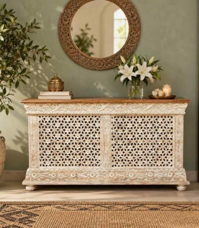 Hand Carved Mango Wood Console Cabinet with Rajasthani jali panels, floral detailing and natural wooden top in antique white finish.