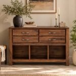 Sheesham Wood Console Table with 4 drawers and 3 basket storage shelves in natural finish.