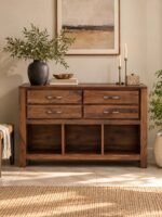 Sheesham Wood Console Table with 4 drawers and 3 basket storage shelves in natural finish.