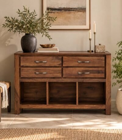 Sheesham Wood Console Table with 4 drawers and 3 basket storage shelves in natural finish.